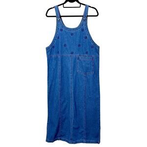 Vintage 90s Blue Jean Denim Floral Embroidered Pinafore Overall Dress ; Large